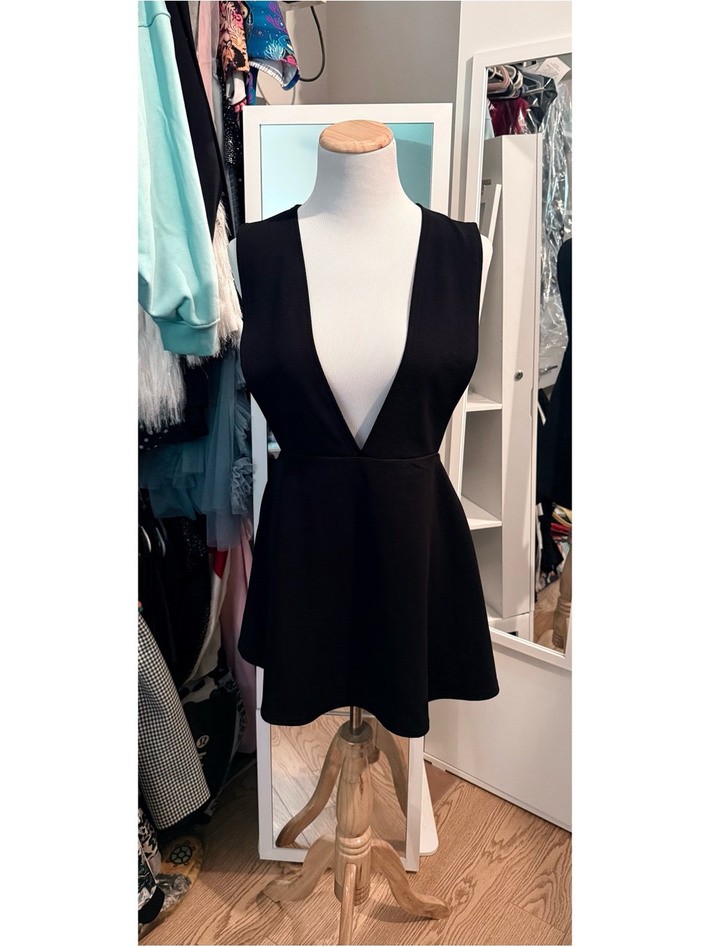 BooLoo Buru Deep V Plunge Fit & Flare Mini Dress Black Size Medium